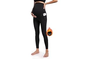 POSHDIVAH Women's Maternity Fleece Lined Leggings with Pockets Over The Belly Pregnancy Thermal Warm Winter Workout Pants