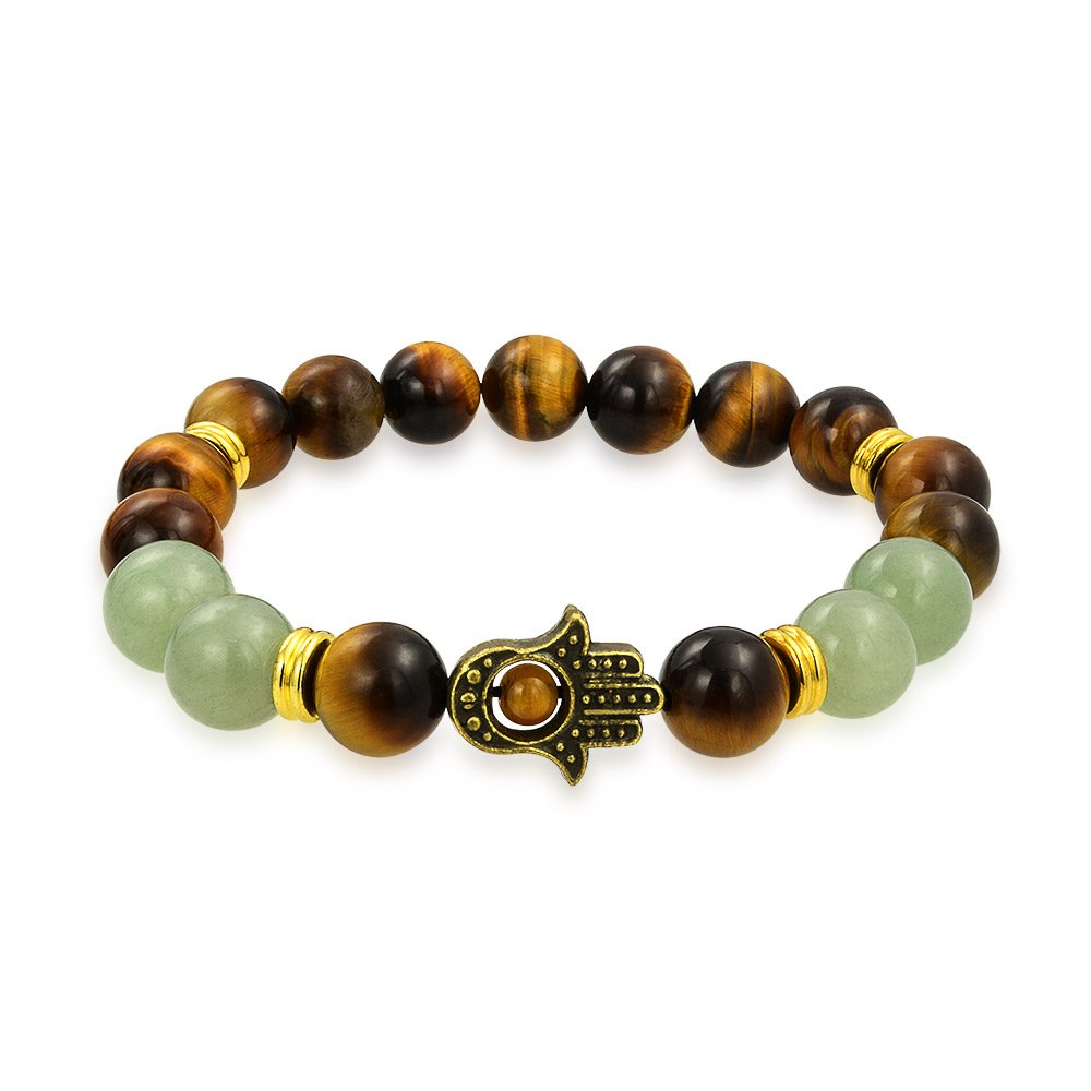 Bling Jewelry Brown Tiger Eye Dyed Green New Jade Round Bead Hamsa Hand Stretch Beads Bracelet For Women Men Teen Gold Plated Metal
