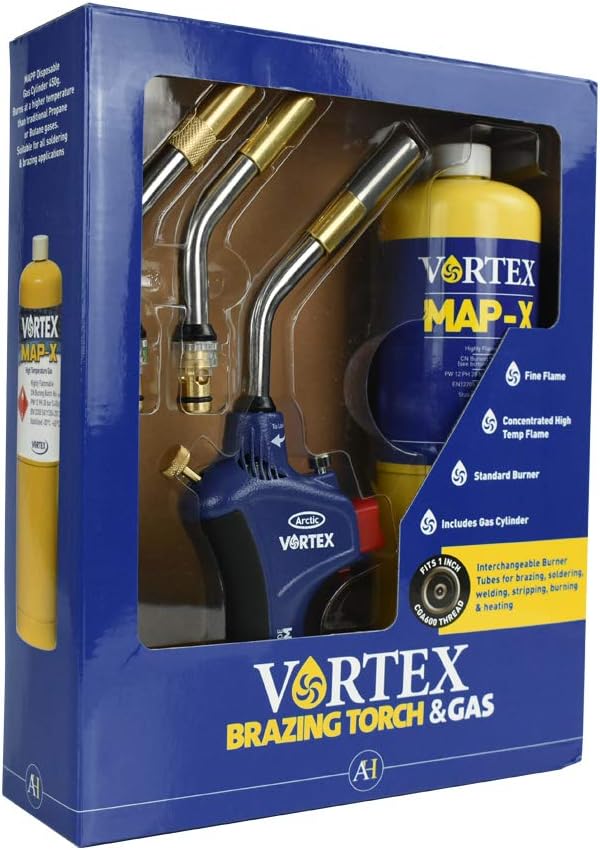 Vortex 71324 Professional Brazing and Soldering Gas Torch with 3 Interchangeable Burner Tubes and 450g MAPP Gas Bottle
