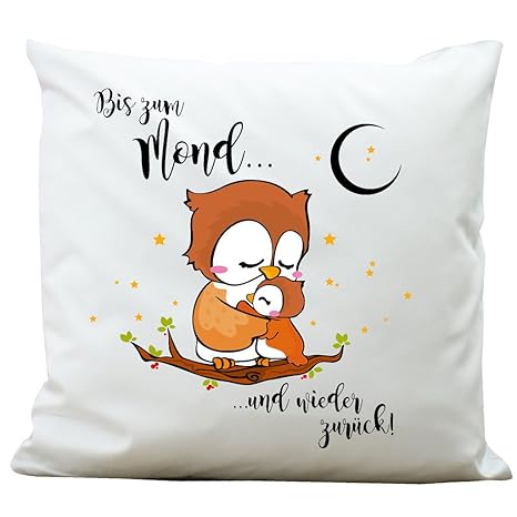 Wandtattoo-Loft ® Bedrucktes Kissen „Bis zum Mond und wieder zurück“ mit niedlichem Eulen und Sternen / Owl / Aus 100 % Polye