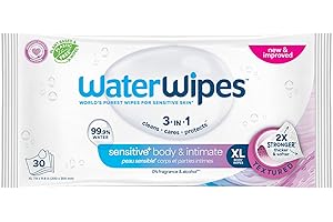WaterWipes Sensitive+ Body & Intimate Wipes, 3-In-1 Cleans, Cares, Protects, 99.9% Water, Unscented & Hypoallergenic Hygiene 