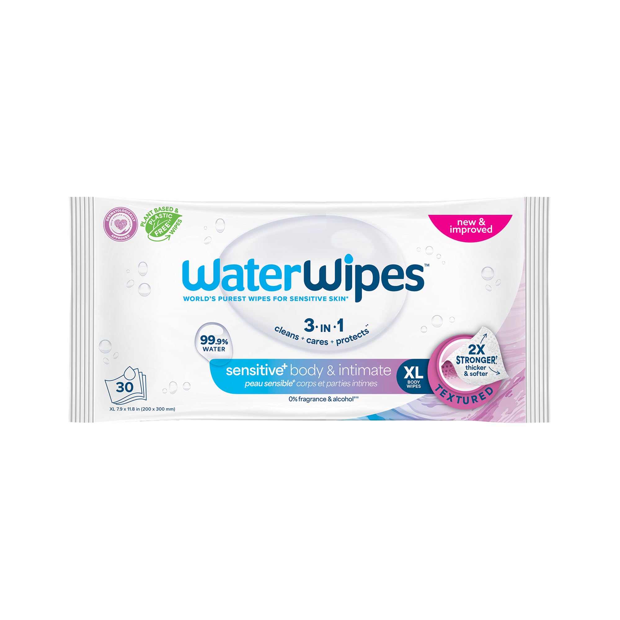 Photo 1 of WaterWipes Sensitive+ Body & Intimate Wipes, 3-In-1 Cleans, Cares, Protects, 99.9% Water, Unscented & Hypoallergenic Hygiene Wet Wipes, Adult Care, 30 Wipes (1 Packs)