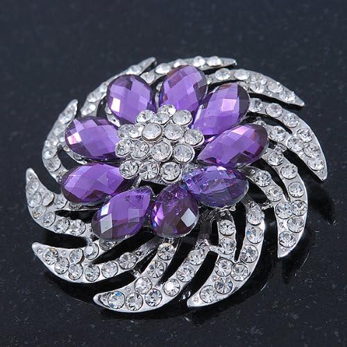 Dimensional Clear/Amethyst Crystal Corsage Brooch In Rhodium Plating - 5cm Diameter, silver, white / ivory, purple, violet - Image 5