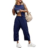 Fisoew Women's Summer 2 Piece Outfits Sleeveless Tank Tops and Wide Leg Pocketed Pants Workout Sweat Sets