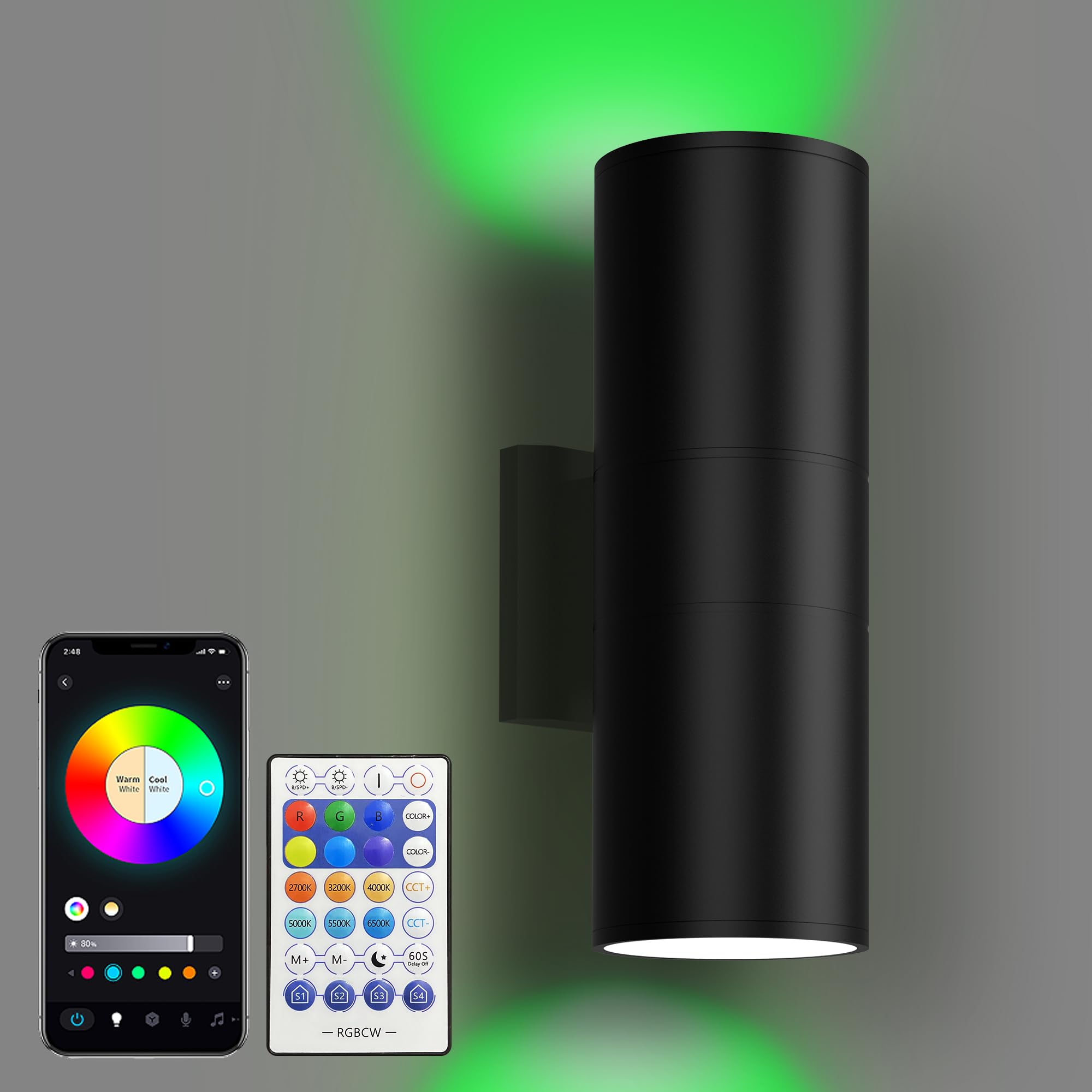 Yasotek Outdoor Up Down Wall Light, Smart Wi Fi App and RF Remote Control, RGBCW Colour-Changing Wall Sconce, 2700Kโ6500K Tunable White, 1โ100% Dimmable, IP65 Weatherproof, AC 230V