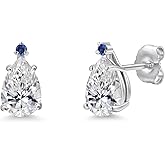 Gem Stone King 14K White Gold DEF Lab Grown Diamond and Blue Created Sapphire Stud Earrings for Women | 1.50 Cttw | Gemstone April Birthstone | Pear Shape 8X5MM