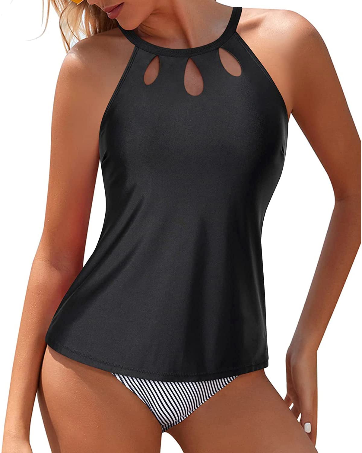 Photo 1 of Yonique Two Piece High Neck Tankini Swimsuits for Women Tummy Control Bathing Suits Swimwear Black Striped S
