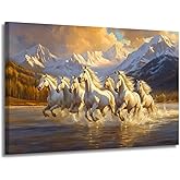 ZSHARTSWD Seven Running Horses Canvas Wall Art Sunset Wild Horses Through Pictures Wild Animals Painting Prints for Modern Living Room Office Decor Framed (Beige, 12L x 18W)