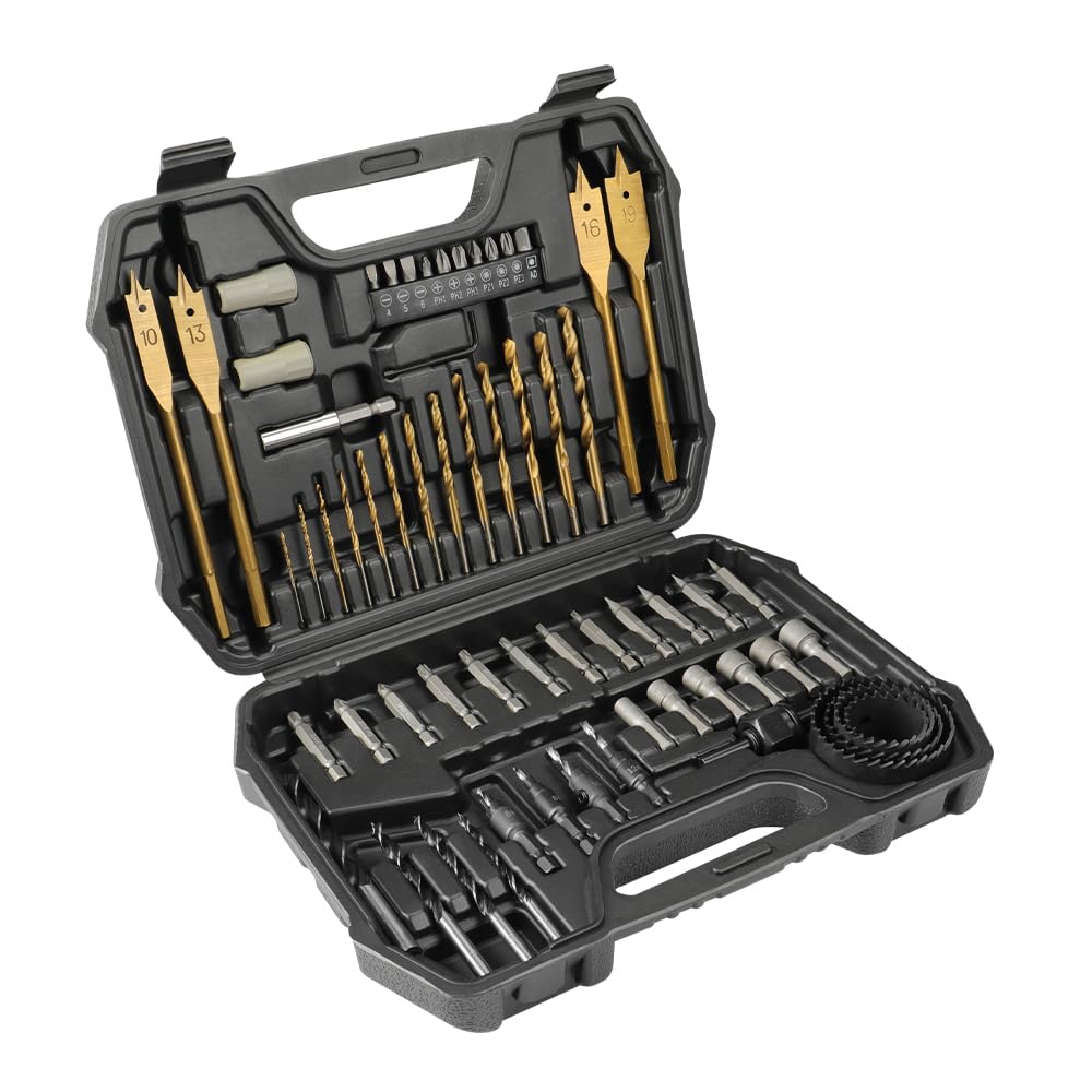 Hoteche 62-Piece Wood Drill Bit Set - HSS Twist Drill, Flat Drill, Three-Point Drill, Magnetic Bit Holder and in Sturdy Plastic Box - Drill Bit Set for Precise Woodwork, Mixed, Professional