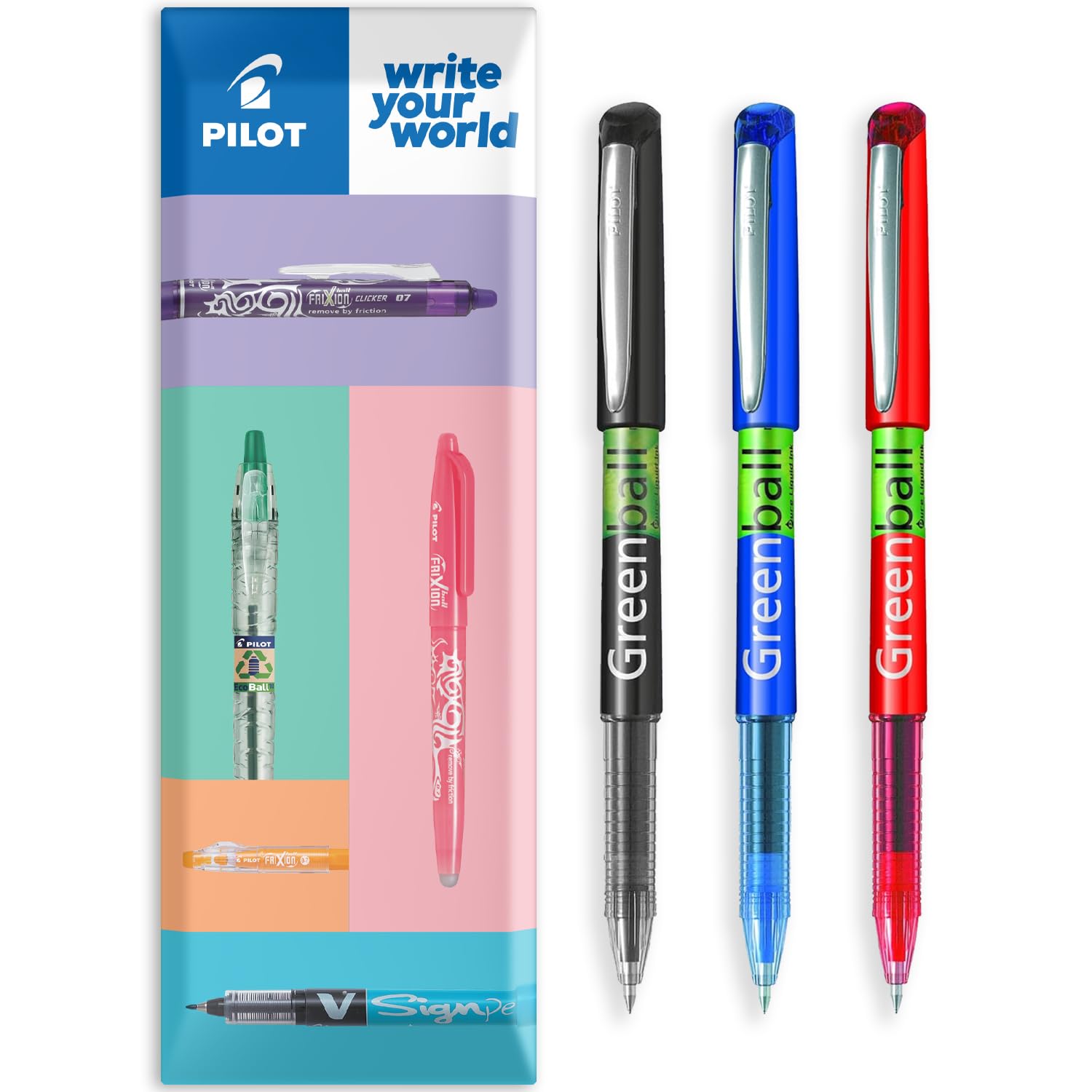 PILOT GreenBall Liquid Ink Rollerball Pen - Begreen Range 89% Recycled - Pack of 3 Pens - Medium 0.7mm Nib - Ideal for Writing, School, Home, Revision, Office - In Envelope Gift Packaging (Mixed)