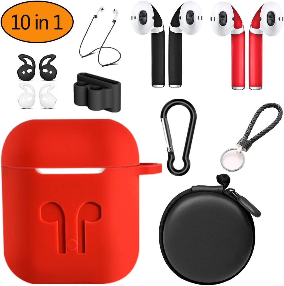AirPods Case Cover 10 in 1 Protection Accessories Sets for Apple Earpods Charging Box (Red)