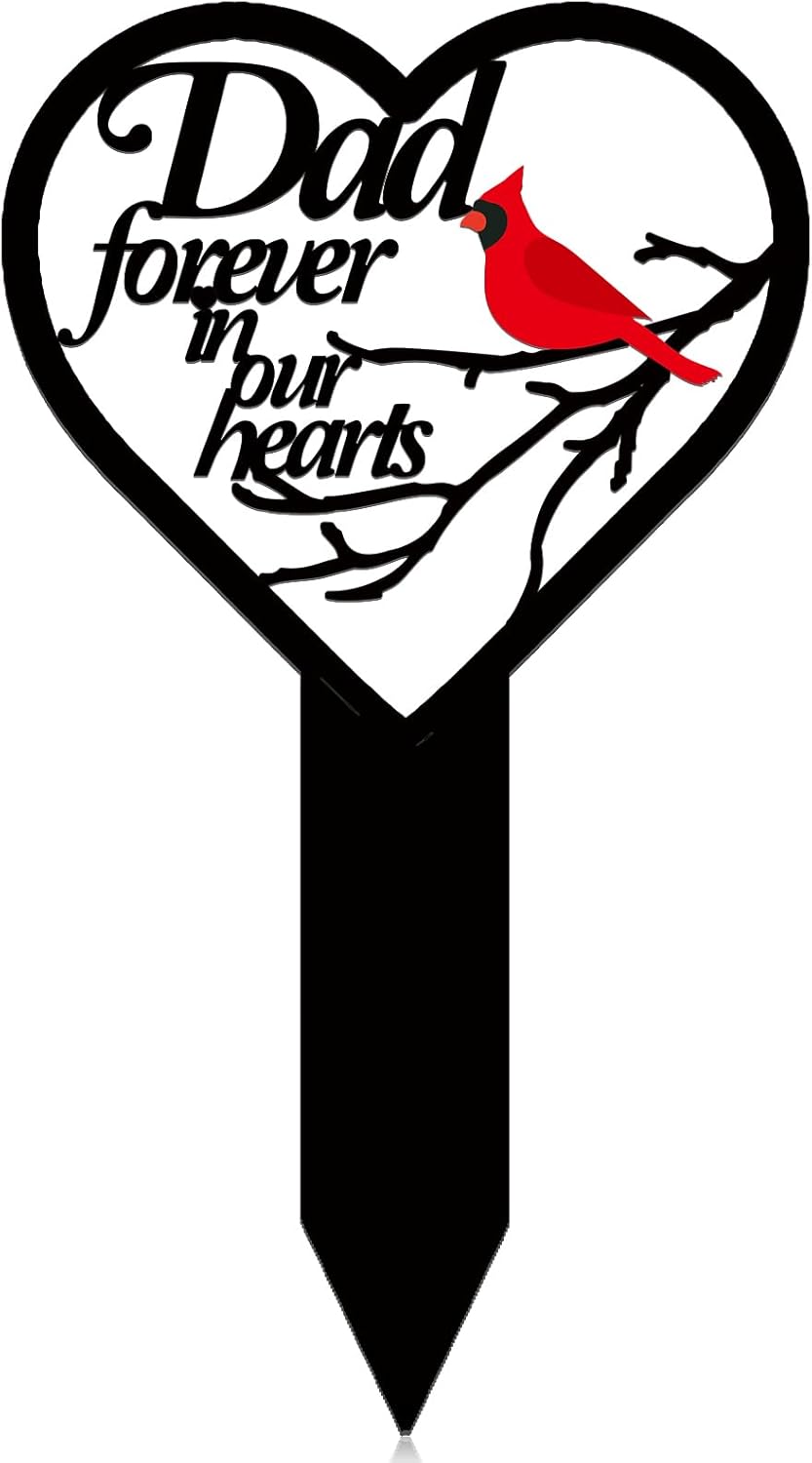 Decorative Garden Stakes - Blulu Memorial Grave Markers for Cemetery Heart Memorial Grave Decorations Red Cardinal Memorial Gift for Grave Double Sided Cemetery Stake Sympathy Metal Grave Plaques for Outdoor Yard Garden (Dad)