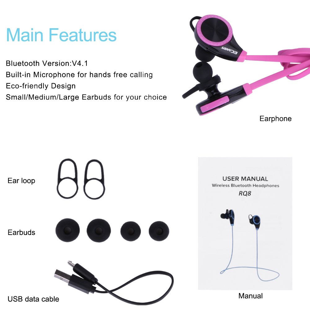 Wireless Bluetooth Runner Headset Sport Headphones with Mic, Ecandy Sweatproof Earbuds for Gym Running Noise Cancelling Headsets - Rose