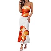 ZESICA Womens Summer Boho Floral Strapless Maxi Dress 2026 Off Shoulder Bodycon Tube Mesh Sexy Cocktail Party Long Dresses