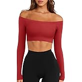 LASLULU Womens Off The Shoulder Tops Seamless Long Sleeve Workout Crop Top Sexy Gym Yoga Going Out Tops Shirts