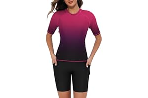 Tournesol Women's Two Piece Rash Guard Short Sleeve Swim Shirts UPF 50+ Built in Bra Swimsuit with Boyshorts with Pockets