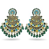 Boho Peacock Indian Earring for Women Gold-Tone Plated Green Beaded Boho Tassel Dangle Earring Drop Chandelier Traditional Ethnic Gypsy Jewelry Fashion Bollywood Party Diwali Jhumka Festival Bridal Wedding