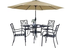 Oakcloud 5-Piece Patio Dining Set with Brown Umbrella, Outdoor Metal Furniture Dining Table Set, 4 Stackable Patio Dining Chairs and Square Dining Table with Umbrella Hole