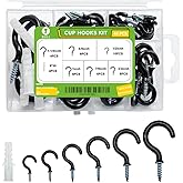 ECKJ Small Black Screw-in Hooks Assorted Kit with Plugs, 1/2", 5/8", 3/4", 7/8", 1", 1-1/4" Vinyl Coated Cup Hooks for Hanging Home Decorations, Christmas Lights, Wind Chimes, Crafts - 46 Pcs