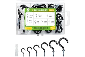 ECKJ Small Black Screw-in Hooks Assorted Kit with Plugs, 1/2", 5/8", 3/4", 7/8", 1", 1-1/4" Vinyl Coated Cup Hooks for Hanging Home Decorations, Christmas Lights, Wind Chimes, Crafts - 46 Pcs