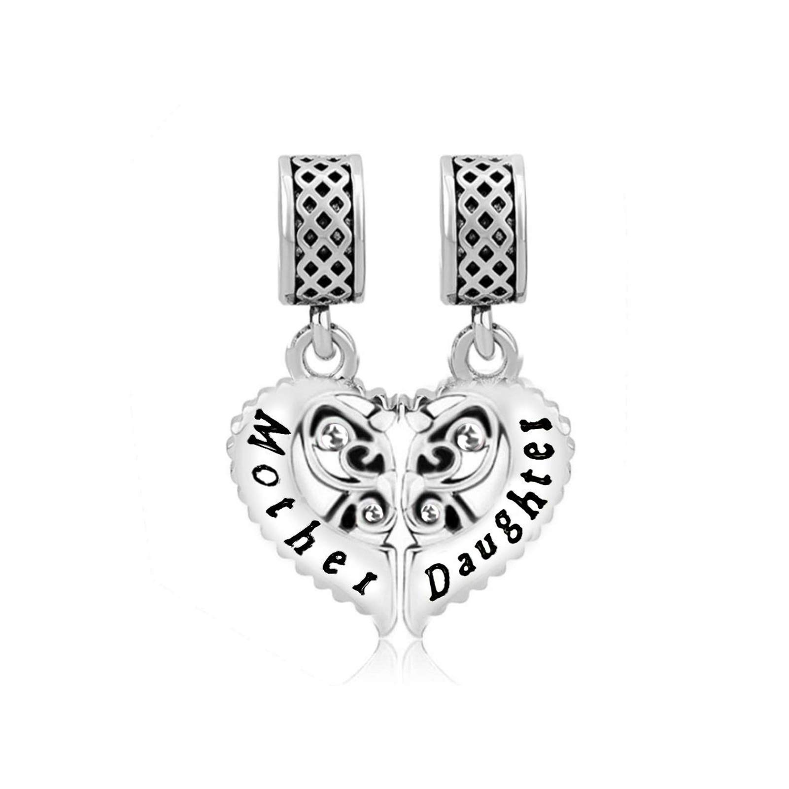 Splittable Mother Daughter Love Heart Dangle Charm fit Pandora Charms Bracelets Birthday Jewellery Gift for Women Family Mothers Day Butterfly Clear CZ