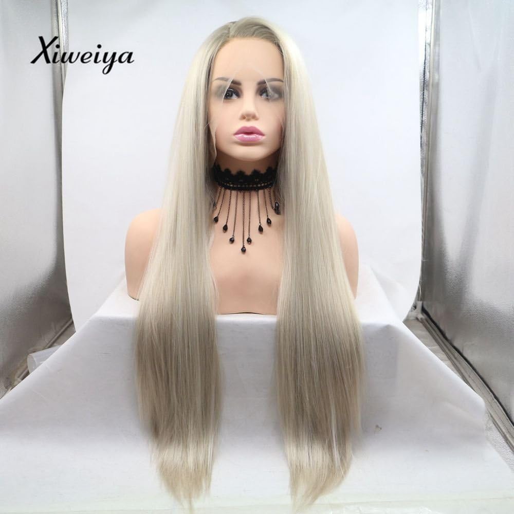 Xiweiya Wig Synthetic Lace Front Blonde Wigs Long Ombre Blonde Silky Straight Hair For Women Hair Blonde Lace Wigs Heat Resistant Fiber - Image 3