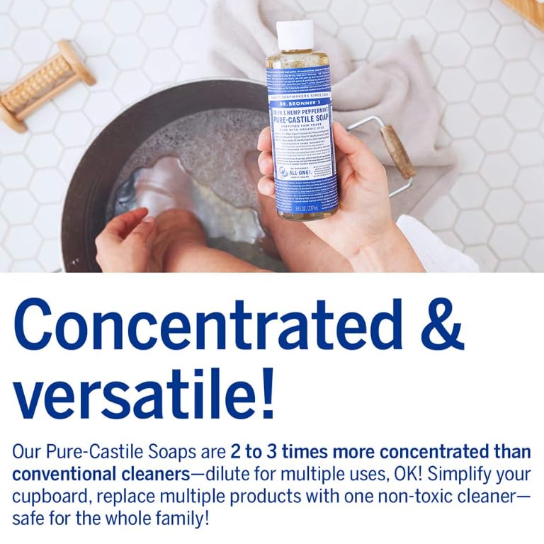 Dr. Bronner's Pure-Castile Magic Liquid Soap (Peppermint, 8 Ounce)- Made with Organic Oils, 18-in1 Uses: Face, Hair, Hand & Body Soap, Laundry, Pets- Concentrated, Vegan, Non-GMO