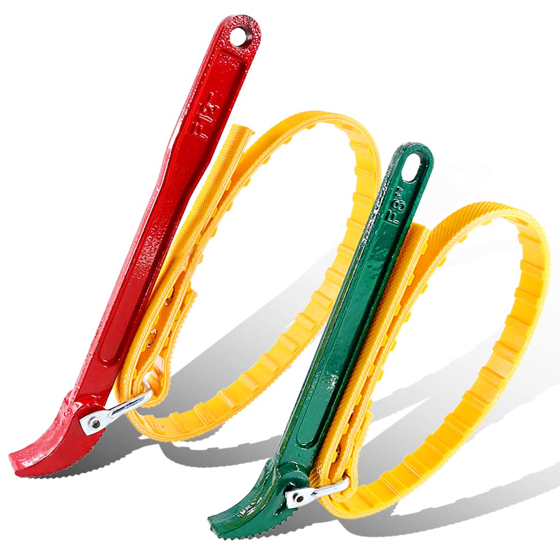 Swpeet 2 Pack Multi-Purpose Adjustable Belt Strap Wrench 12"(300mm) and 7.8"(200mm) Steel Handle Adjustable Strap Filter Opener Wrench for Opening Filter, Pipe and Tin - Red and Green