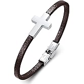 Hisatan Mens Cross Leather Bracelet for Men, Christian Mens Cross Bracelets, Jesus Faith Religious Easter Catholic Communion Baptism Christmas Jewelry Gift for Men