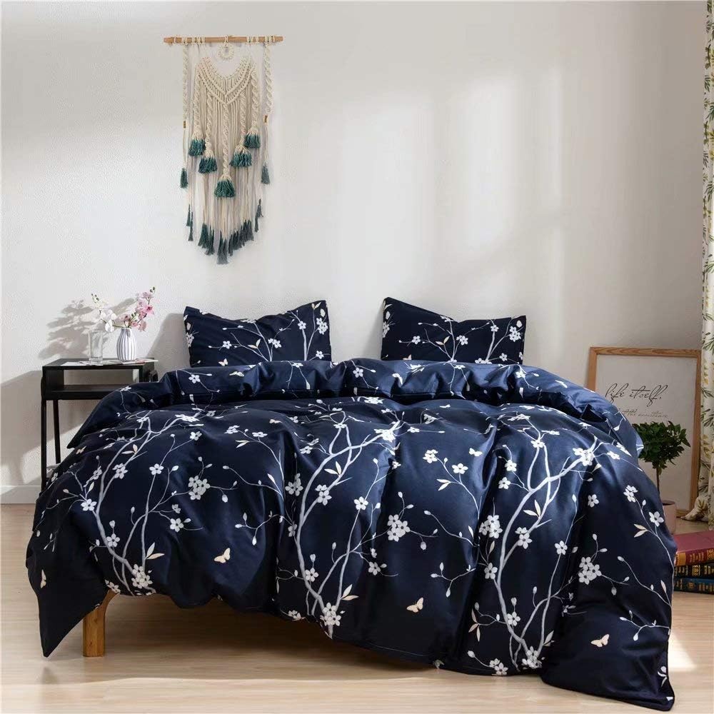 Ruccit Floral Duvet Cover Set Double Navy Blue Boho Microfiber Duvet Cover Double Bed for Boys