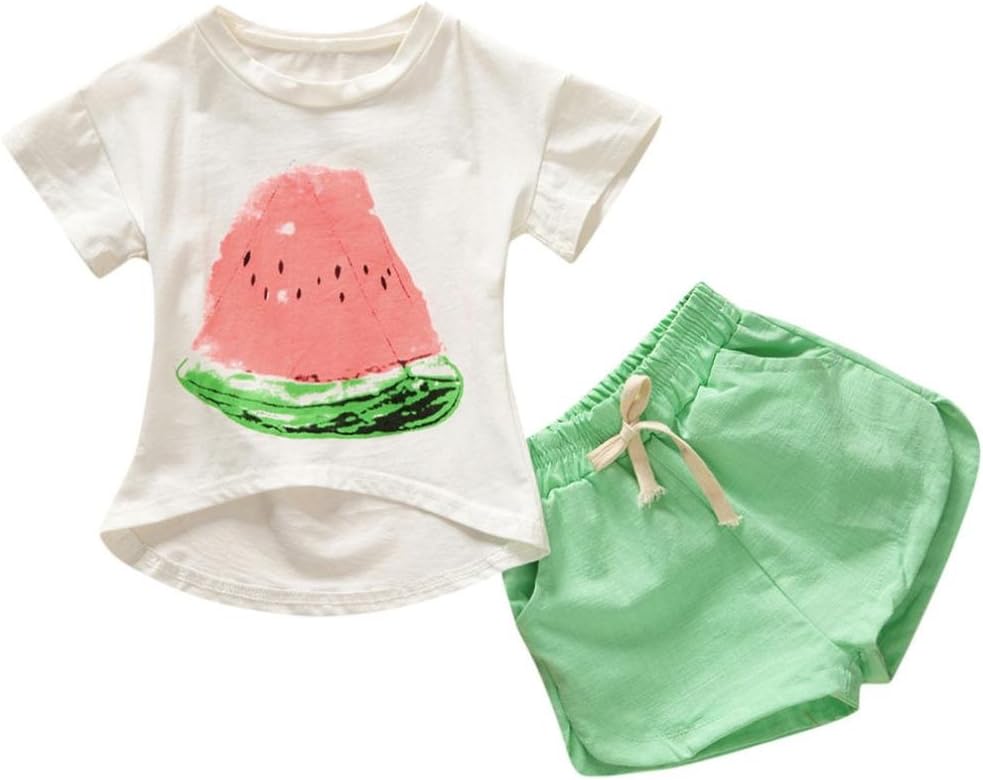 Moonker 2pcs Toddler Baby Girls Kids Clothes Set Watermelon Tops Short Sleeve T-Shirt Tees +Shorts Outfits 1-6Yr
