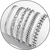 Zocomi 6 Pcs Chain Bracelet for Men, Stainless Steel Cuban Curb Link Rope Paperclip Figaro Herringbone Chain Bracelets Set Jewelry Gifts for Man Woman Boys 7.5/8.3/9 Inches