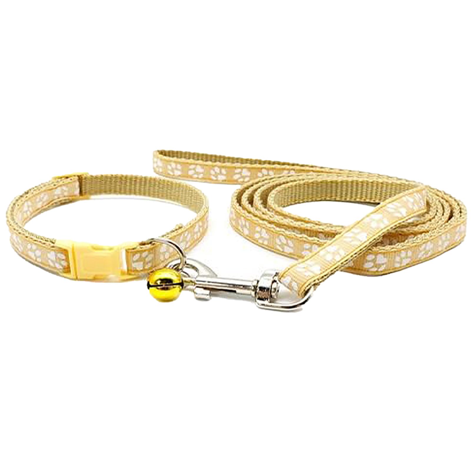 Small Dog Puppy Pet Cat Kitten Collar and Lead Set Pawprint Design Nylon Adjustable with Bell Leash Tan Khaki Beige
