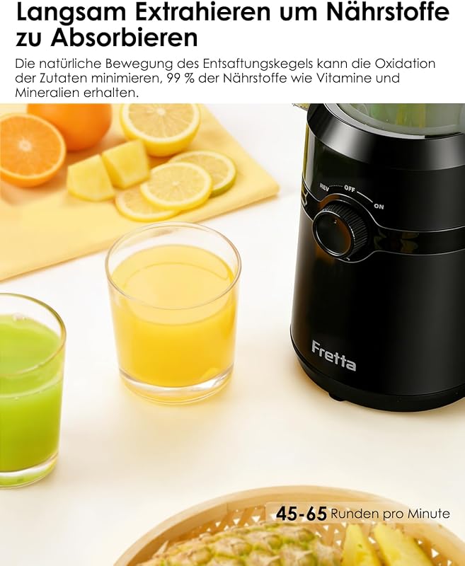Entsafter,Slow Juicer mit Größere Fütterungsröhre, für ganze Gemüse und Obst,BPA-frei Tritan-Material Entsafter,Einfacher Installation,Einfache Reinigung (Rauchschwarz, 1L)