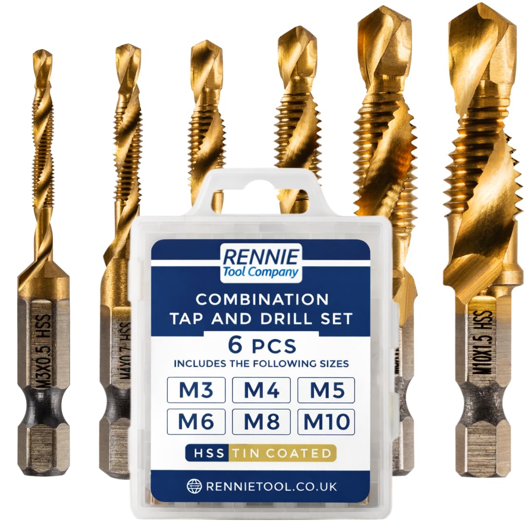 Rennie Tools - 6 Piece Combination Tap And Drill Set Titanium Coated M3 M4 M5 M6 M8 M10 Hex Shank Metric Coarse