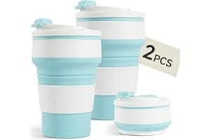 FIJINHOM 2Pcs Collapsible Cup for Traveling, Collapsible Silicone Travel Cup for Hot and 2 Drinks, Leak Proof Silicone Folding Travel Coffee Mug for Camping & Hiking, BPA Free 12oz Blue