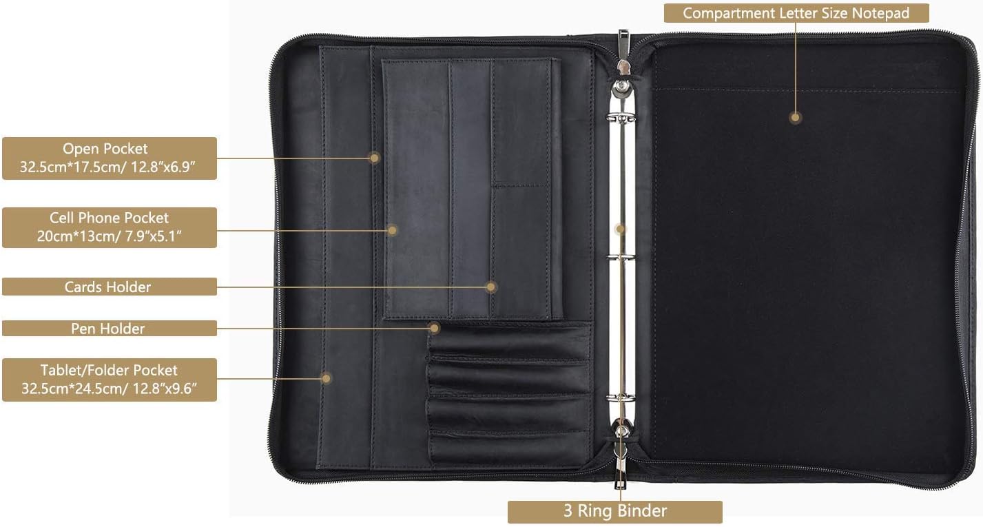 Professional Padfolio Portfolio 3 Ring Binder, Business Organizer Holder Multi-Function Folder Case with Zipper by Crazy-Horse Leather for iPad/Surface Book : Office Products