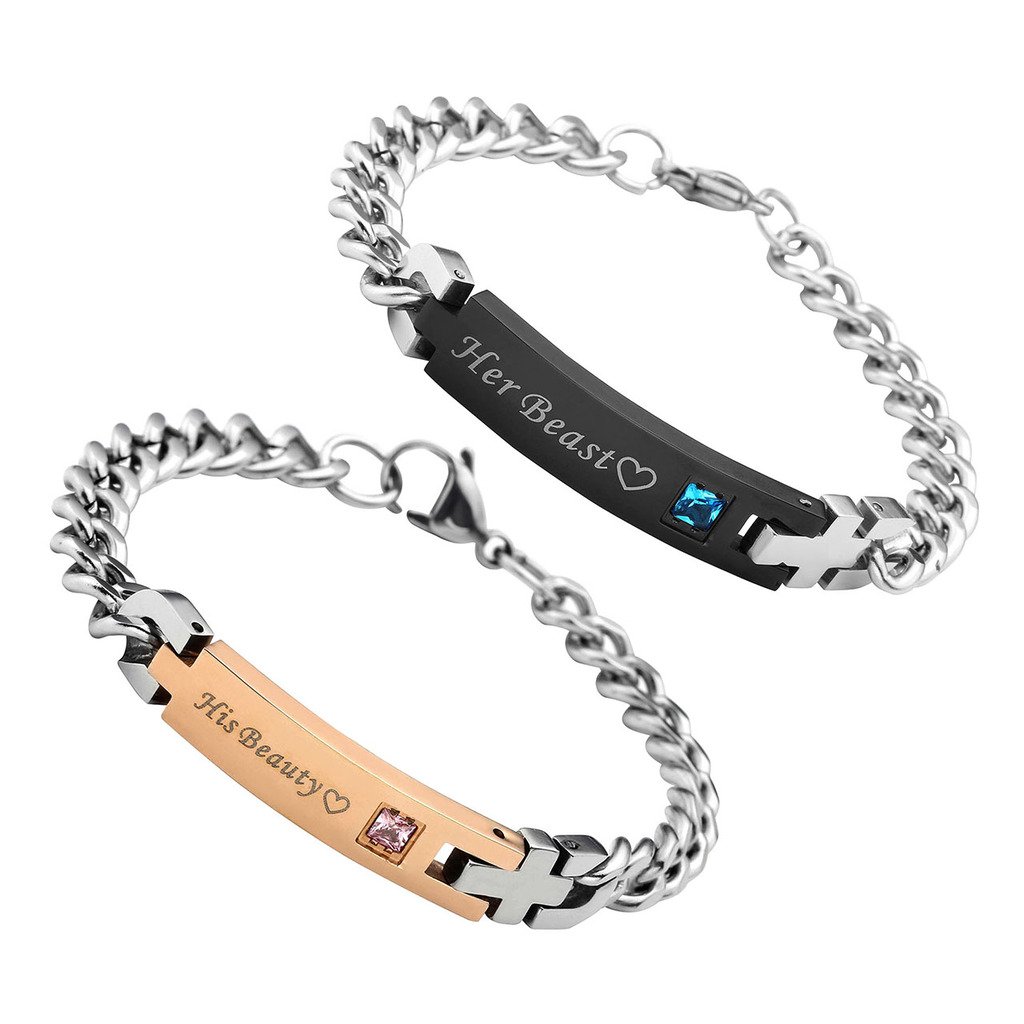 Zysta 1-2pcs His or Hers Matching Set His Beauty Her Beast Stainless Steel Couple Bracelet, Lover Relationship Mens Womens Bracelets
