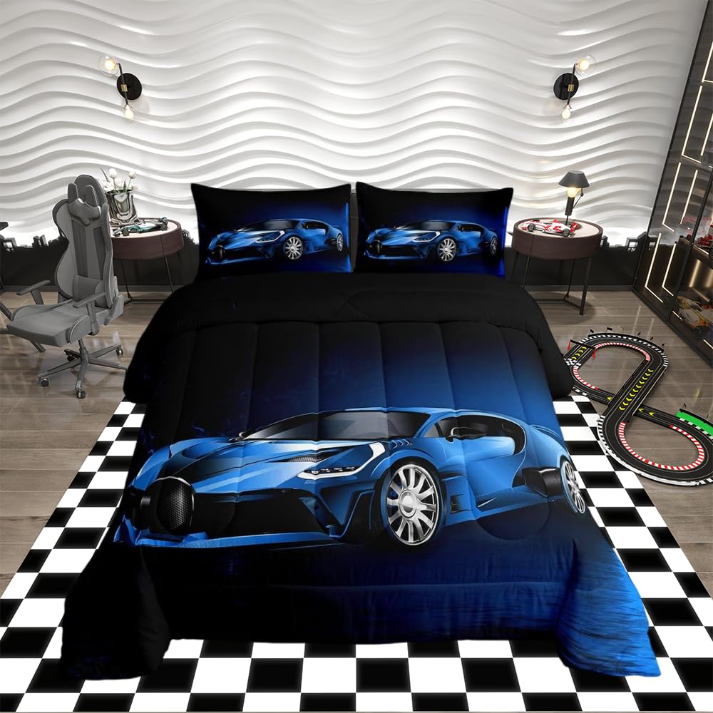 Sports Car Duvet Insert Blue Race Car Duvet Set for Kids Boys Girls Extreme Sports Theme Bedding Set Cool Speed Luxury Car Decor Quilt Set with 2Pillowcase 3Pcs Bedding Double — image 1