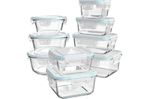AILTEC Glass Food Storage Containers with Lids, [18 Piece] Meal Prep Containers for Food Storage , BPA Free & Leak Proof (9 Lids & 9 Containers)