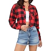 Lacozy Cropped Flannel Shirt for Women Button Down Plaid Cropped Shirt Casual Long Sleeve Crop Blouses Spring Fashion