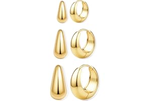 BESTEEL 3Pairs 14K Gold Plated Hoop Earrings Set for Women Chunky Earring Silver Plated Hypoallergenic Small Huggie Hoops Lightweight Tiny Thick Trendy Hoop Earrings Stacks for Multiple Piercing