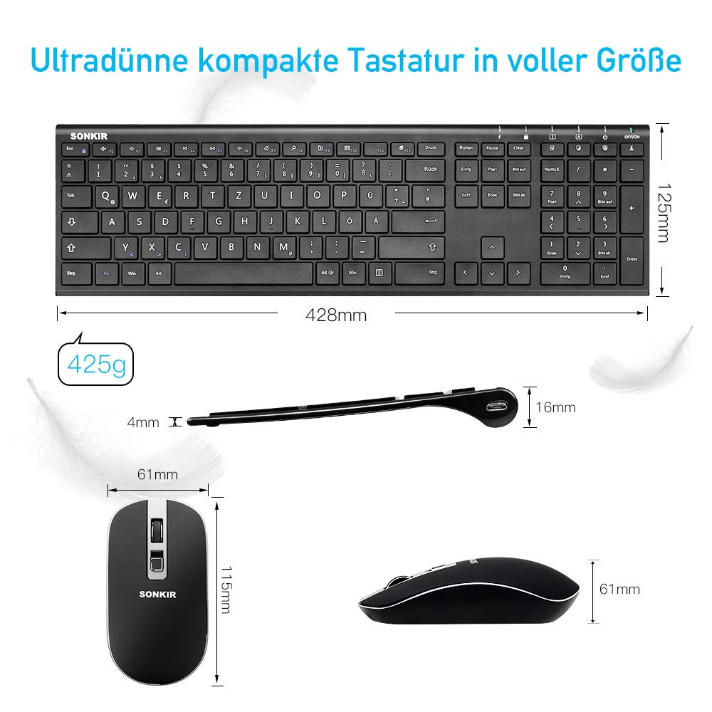 Sonkir Tastatur und Maus, K-18 2,4GHz ultradünne wiederaufladbare Aluminium-Tastatur in voller Größe für Windows, Laptop, PC, Notebook (Schwarz)