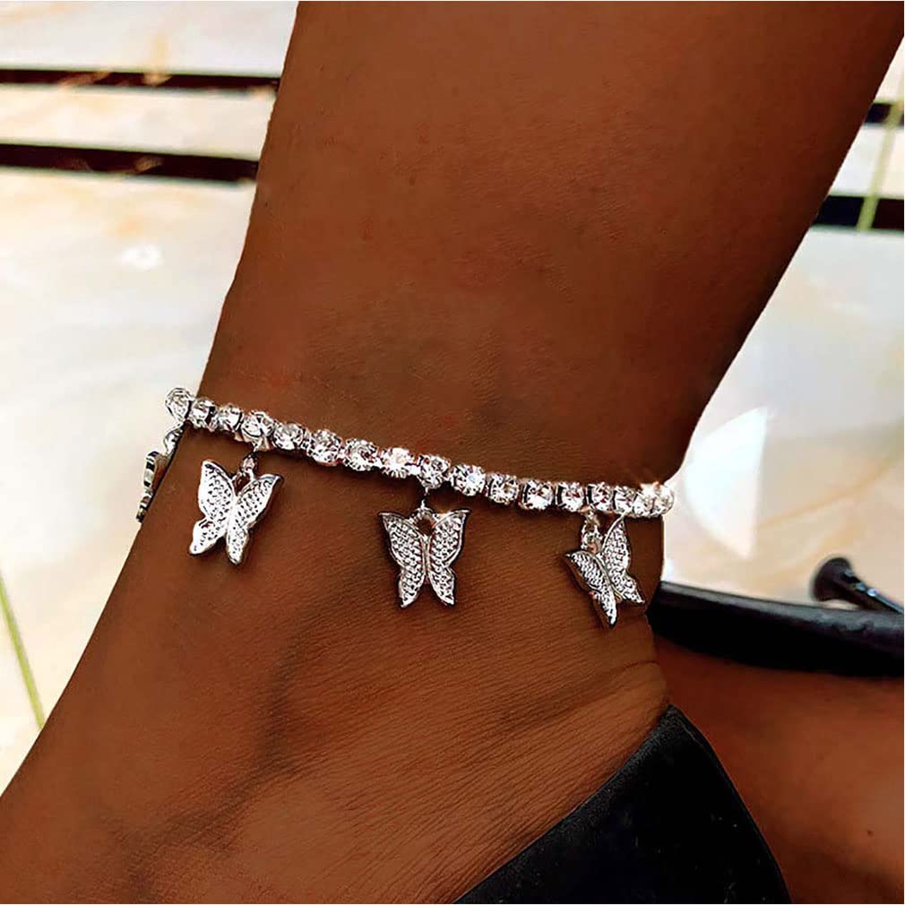 Carufin Crystal Butterfly Ankle Bracelets Adjustable Silver Anklet for Women Girls Beach Anklet Jewelry Gifts