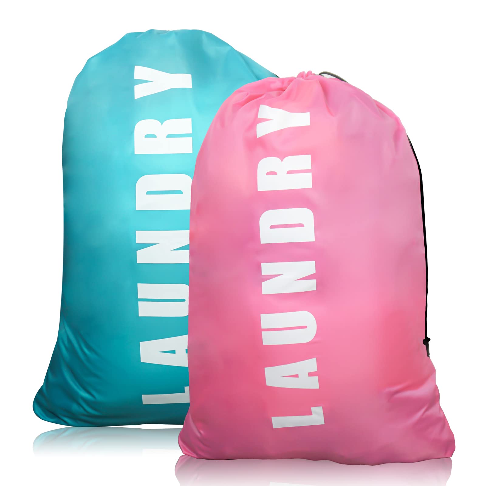 2 Pack Upgrade Extra Large Travel Laundry Bag with Drawstring，24" x 36" Durable Rip-Stop Dirty Clothes Shoulder Bag for Travel, Bathroom Home or Dormitory (Blue Pink)