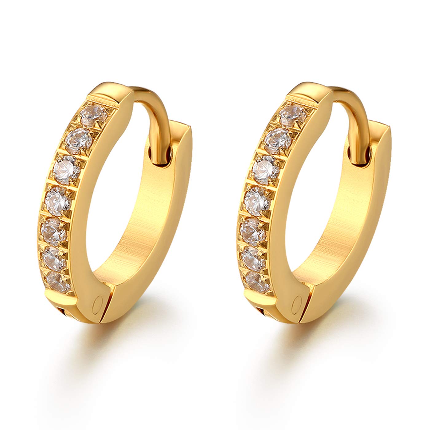 JewelryWe Hoop Earrings,13MM Stainless Steel Small Huggie Hoops Earrings With CZ Inlaid for Men Women(Gold)