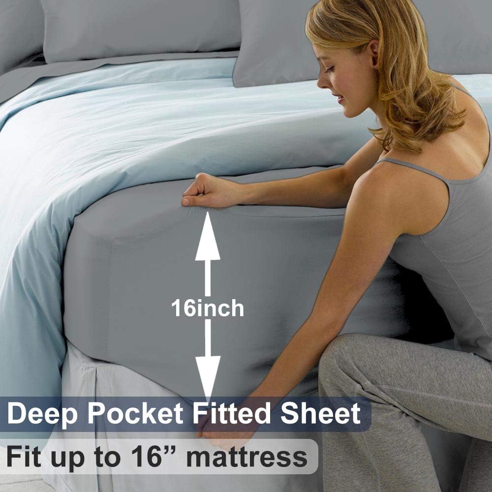 Wonwo Bed Sheet Set Queen Size Hotel Luxury Quality Sheets Brushed Microfiber 1800 Thread Count Sheets Hypoallergenic 16 inch Deep Pocket, 1 Flat Sheet, 1 Fitted Sheet, 2 Pillowcases, Grey: Kitchen & Dining