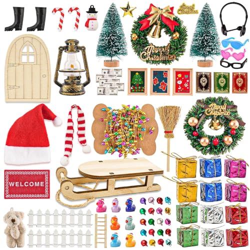77Pcs Mini Christmas Figurines Decoration Xmas Tree Miniature Accessories String Fake Light Door Hat Doll House 1:12 Model Pretend Toys DIY Party Wreath Snowman Garden Gift Box Hide Resin Santa Claus