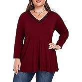 OVERWORETY Plus Size 3/4 Sleeve Tops for Women V Neck Loose Causal Fall Tunic Shirts