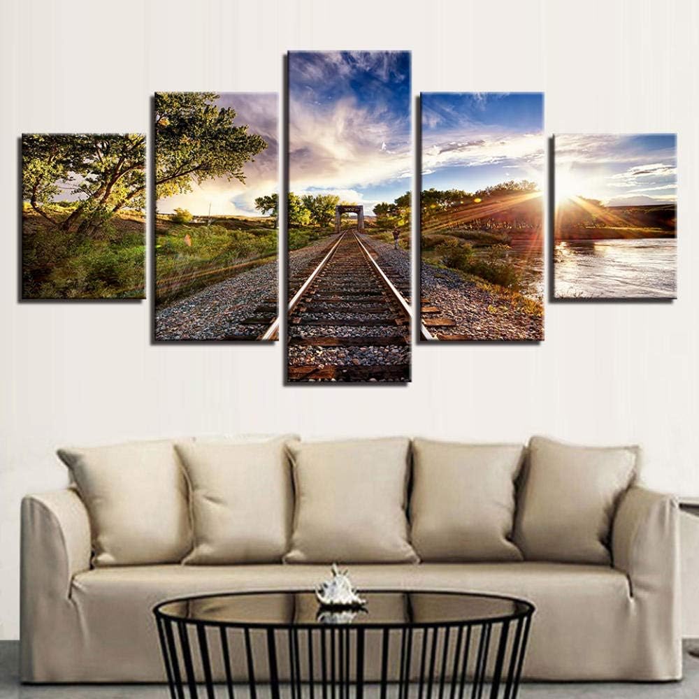 Voocuy Canvas Painting Wall Art 5 Pieces HD Mural Blue Blue, Pink Flowers and Green Tree Poster Modern Canvas Picture Poster-Frame 30x40 30x60 30x80cm